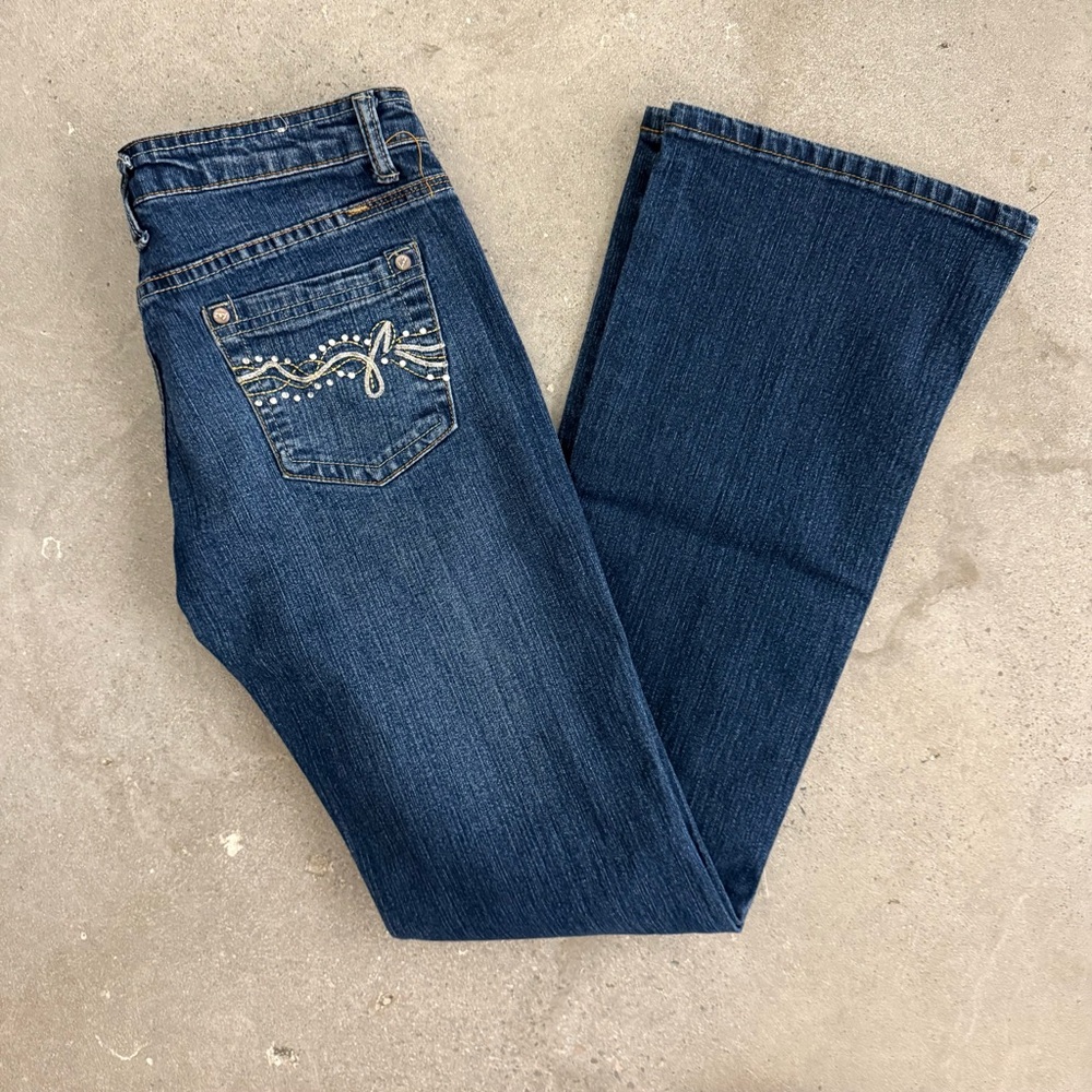 Vintage Y2K L2 Low Rise Flared Dark Faded Wash Denim Jeans Size 3